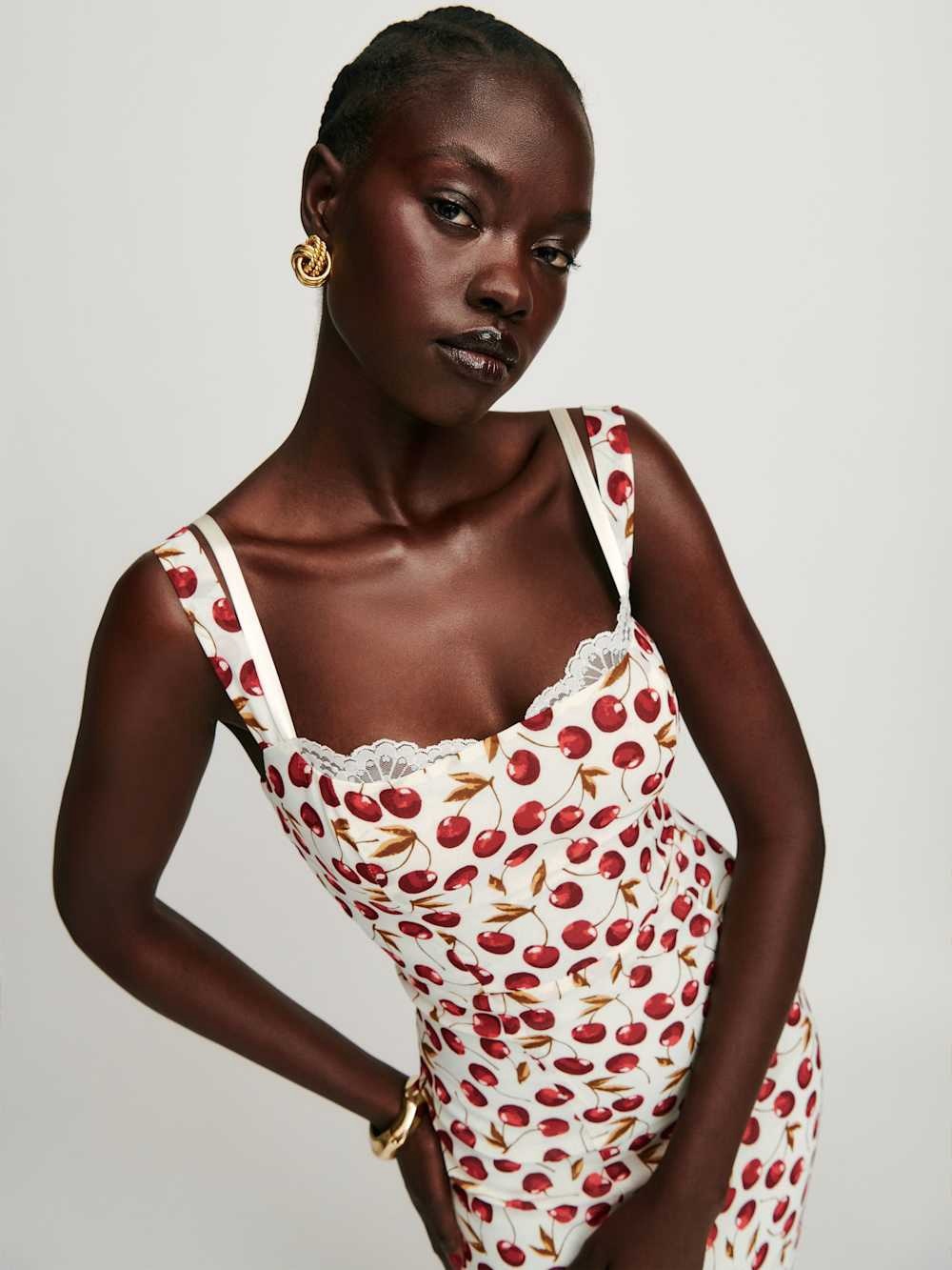 Reformation White Cherry Print Slip Dress with Red Cherries